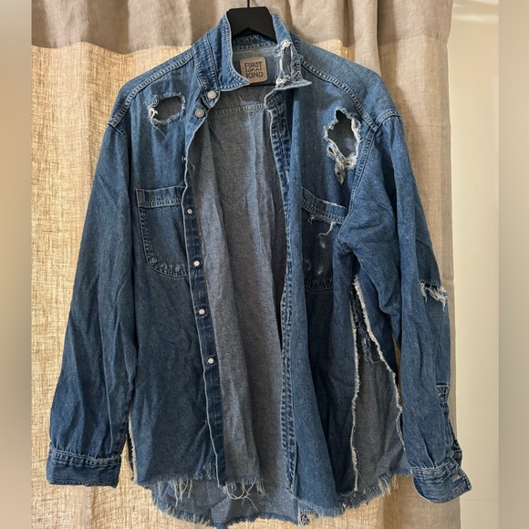 oversized distressed button down jean shirt - Picture 2 of 4